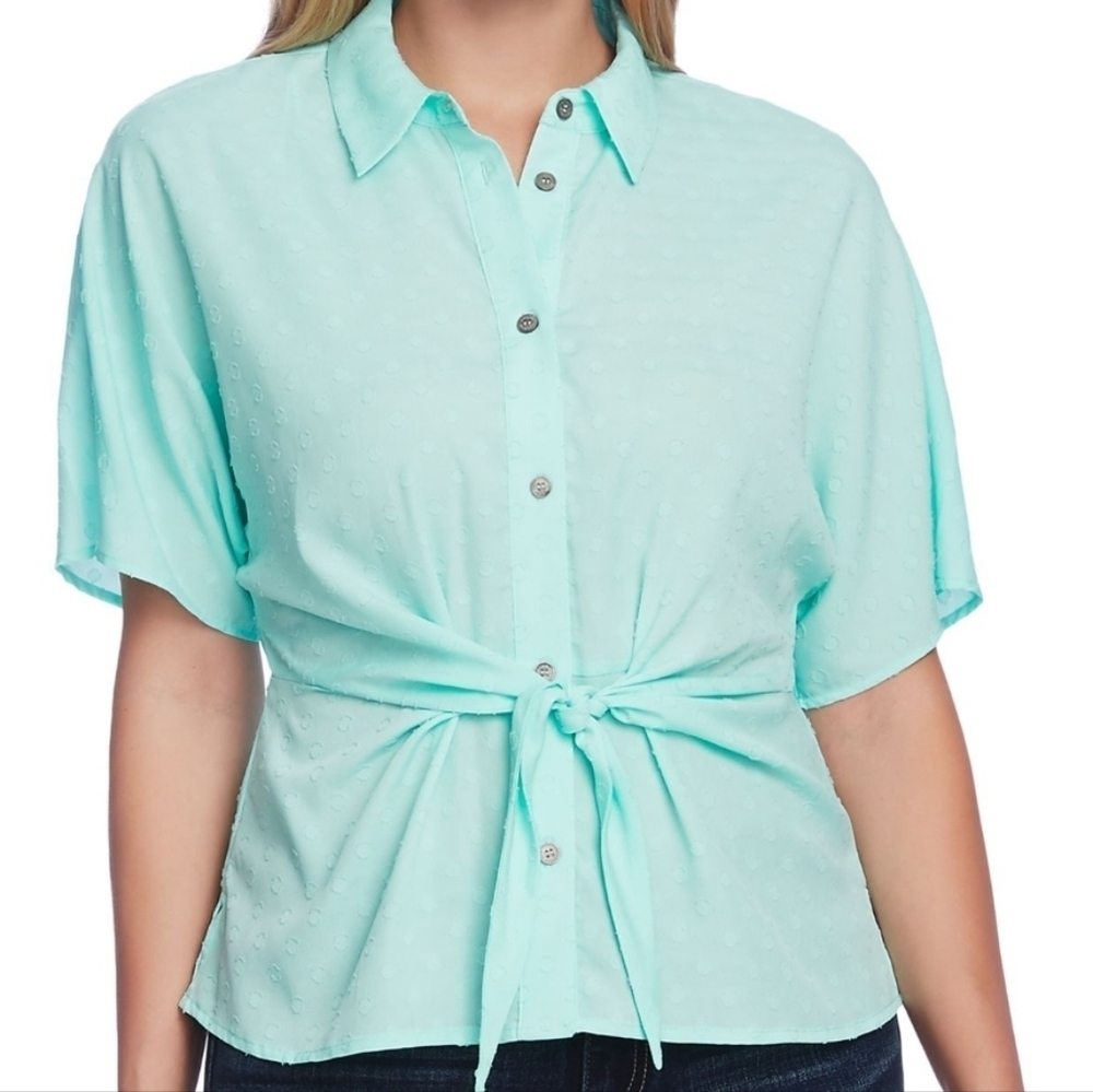 VINCE CAMUTO Womens Textured Short Sleeve Collared Button Up Top. Small. Aqua